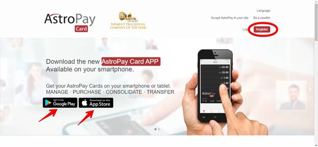 AstroPay homepage screenshot showing the "Register" button and the Google Play Store and Apple App Store buttons